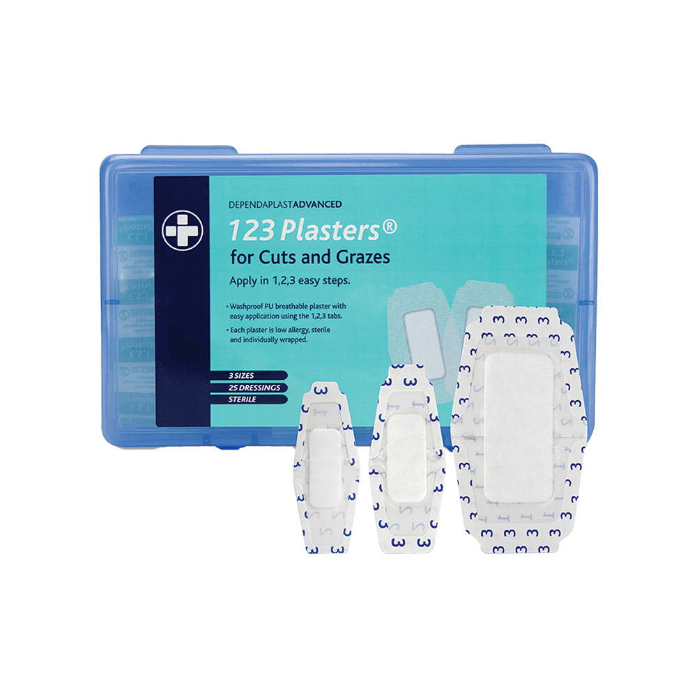 Dependaplast Advanced 1,2,3 Washproof Assorted Plasters (Frame Style) Plastic Box of 25